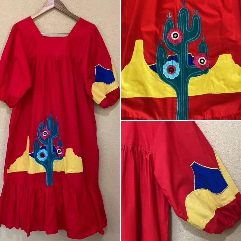 VINTAGE Raquel Unger Cotton Cactus Print Dress with Pockets - Picture 1 of 8